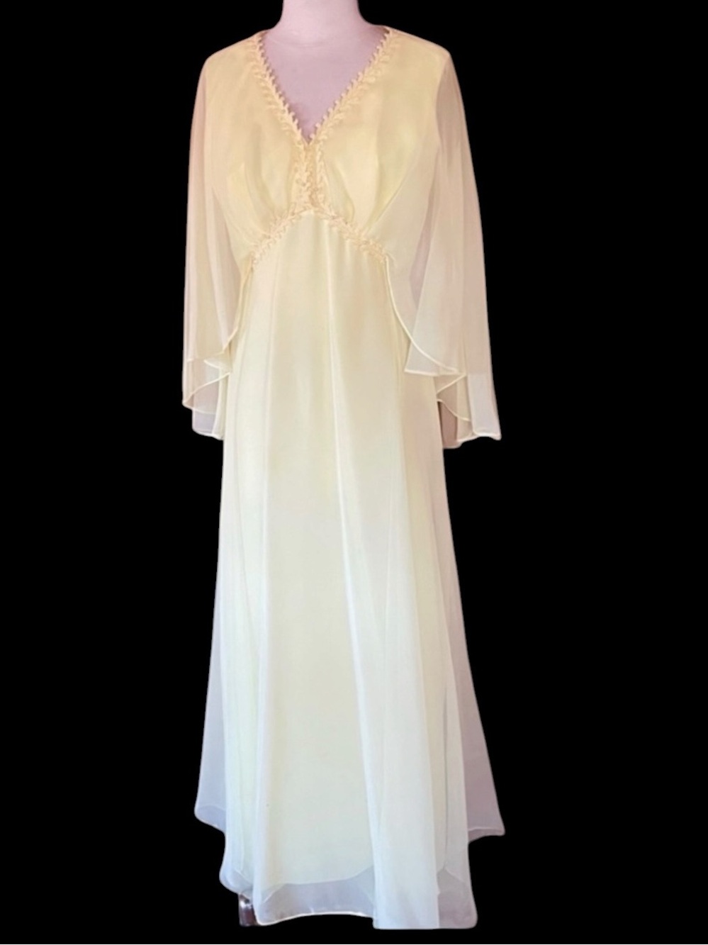 1970s‎ Stunning Yellow, Filigree Rick Rack Trim, Beaded Gown